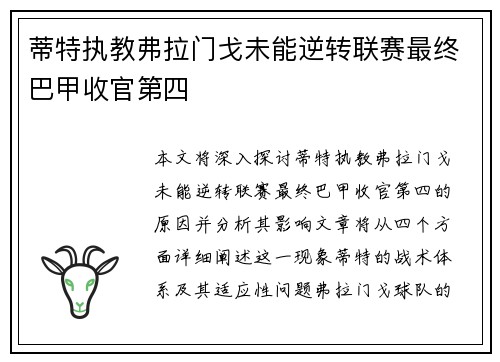蒂特执教弗拉门戈未能逆转联赛最终巴甲收官第四