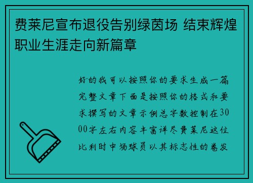 费莱尼宣布退役告别绿茵场 结束辉煌职业生涯走向新篇章 费莱尼宣布退役告别绿茵场 结束辉煌职业生涯走向新篇章